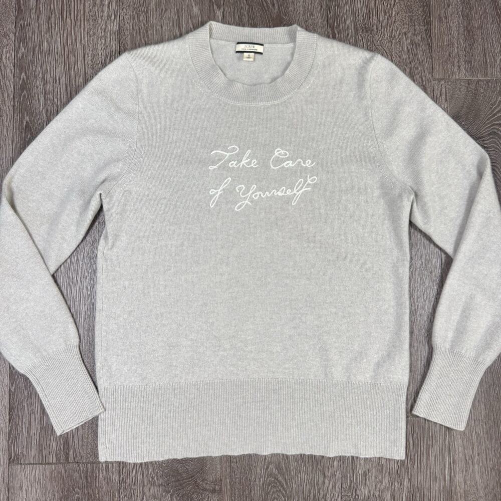 J Crew 100% Cashmere Sweater Crewneck with "Take Care" embroidery SMALL